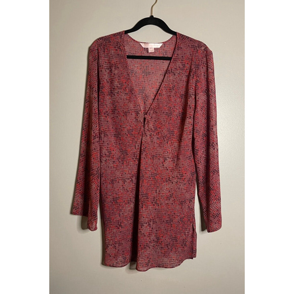 Victoria's Secret L Swim Cover Up Dress V Neck Mosaic Tile Snakeskin Sheer Red - Picture 1 of 7
